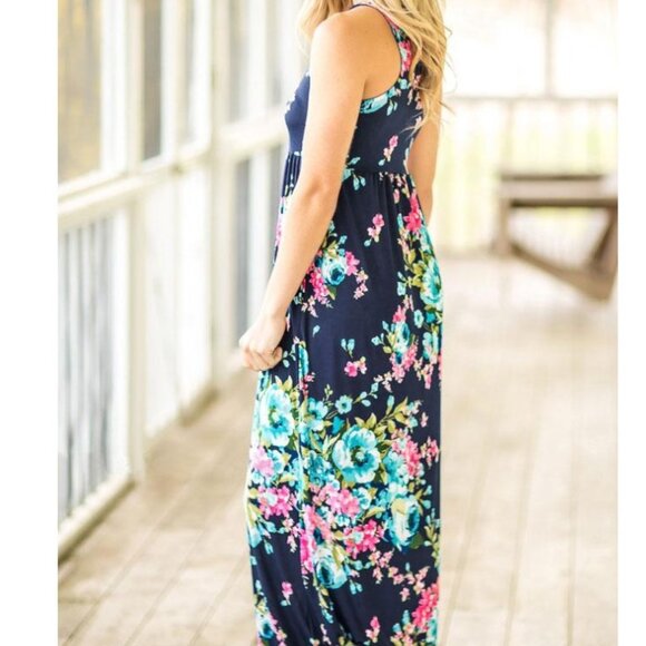 Wanna B Brand Women's Medium Bright Blue Floral Print Maxi Dress Pockets - Picture 2 of 7